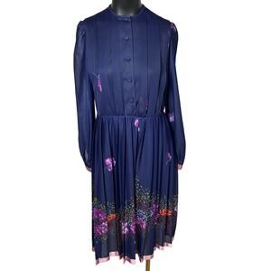 VTG 70s Midi Dress Sz 7/8 Retro Long Sleeve Floral Button Blue Pink Union